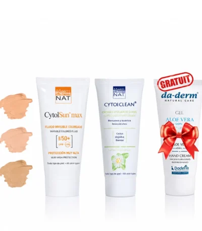 CYTOLNAT PACK Solaire Complet: Cytolsun Écran (au choix : teinté ou invisible)+Cytolclean Gel Nettoyant+DA Derm (visage ou mains) offert