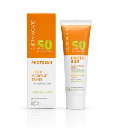 DERMACARE PHOTOSUN FLUIDE MATIFIANT TEINTE 02 SPF 50+ PEAU GRASSE 50ML-6192432501478