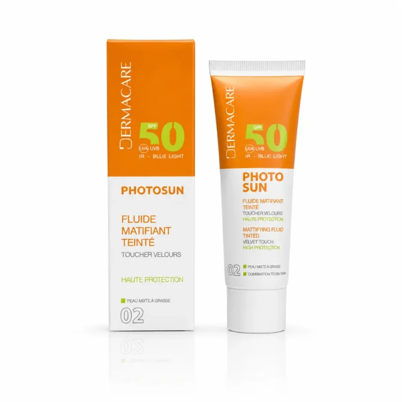 DERMACARE PHOTOSUN FLUIDE MATIFIANT TEINTE 02 SPF 50+ PEAU GRASSE 50ML-6192432501478
