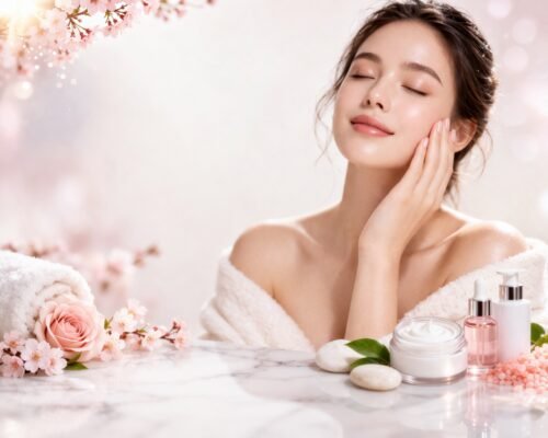 Femme avec serviette sur la tête appliquant un soin visage devant un miroir pour illustrer une routine beauté peau lumineuse