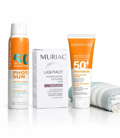 DERMACARE PACK SOLAIRE Brume solaire +Photosun écran au choix +Muriac lighact savon + fouta offerte