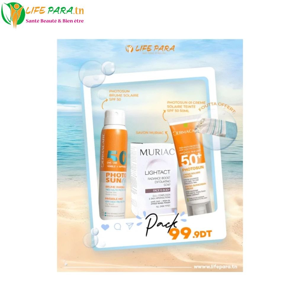 DERMACARE PACK SOLAIRE Brume solaire +Photosun écran au choix +Muriac lighact savon + fouta offerte