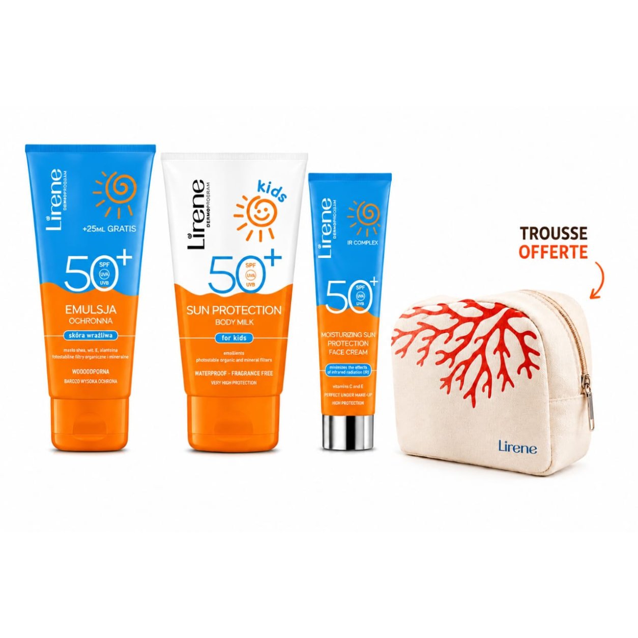 LIRENE PACK SOLAIRE FAMILIAL : SUN PROTECTION EMULSION 175 ML + SUN PROTECTION LOTION KIDS/ENF 150ML + ECRAN INVISIBLE 40 ML + TROUSSE OFFERTE LIRENE PACK SOLAIRE FAMILIAL : SUN PROTECTION EMULSION 175 ML + SUN PROTECTION LOTION KIDS/ENF 150ML + ECRAN INVISIBLE 40 ML + TROUSSE OFFERTE