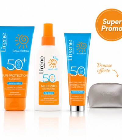 LIRENE PACK SOLAIRE FAMILIAL : SUN PROTECTION EMULSION 175 ML + SUN PROTECTION LOTION KIDS/ENF 150ML + ECRAN INVISIBLE 40 ML + TROUSSE OFFERTE
