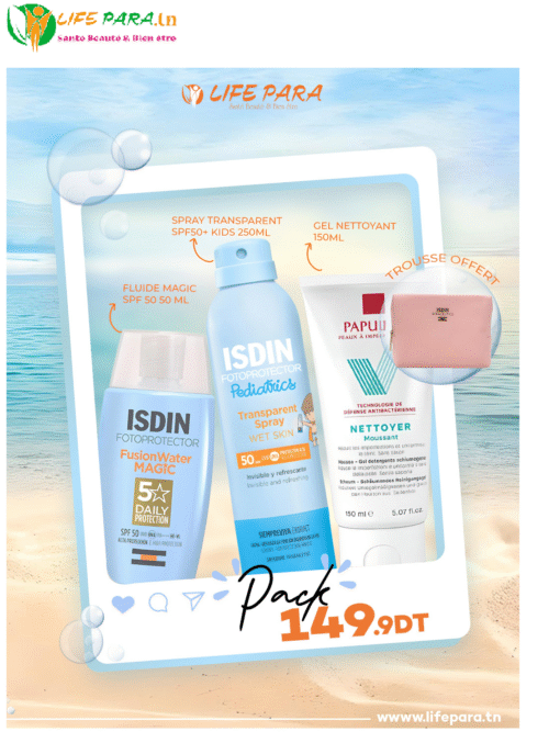 Pack  Isdin Ecran Magic+Spray Transparent kids +Papulex gel nettoyant Et Trousse offert
