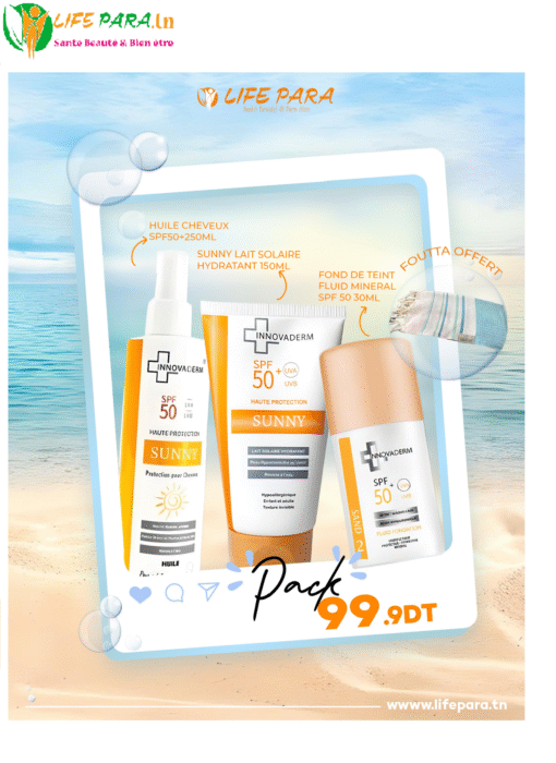 Pack Innovaderm Ecran Teinte +Sunnny lait Solaire Hydratant+Huile Cheveux Et Foutta Offert