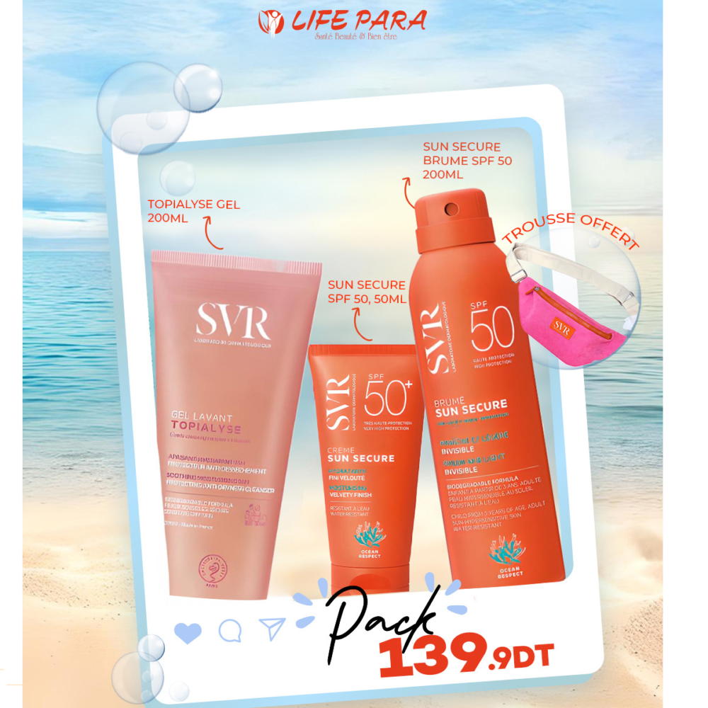 Pack SVR Gel Lavant +Creme Sun Secure SPF50+Brume Sun Secure SPF50 &Trousse offert