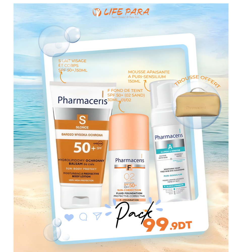 Pack Pharmaceris Lait Visage Et Corps +Fond De Teint SPF50 +Mousse Apaisante & Trousse offert