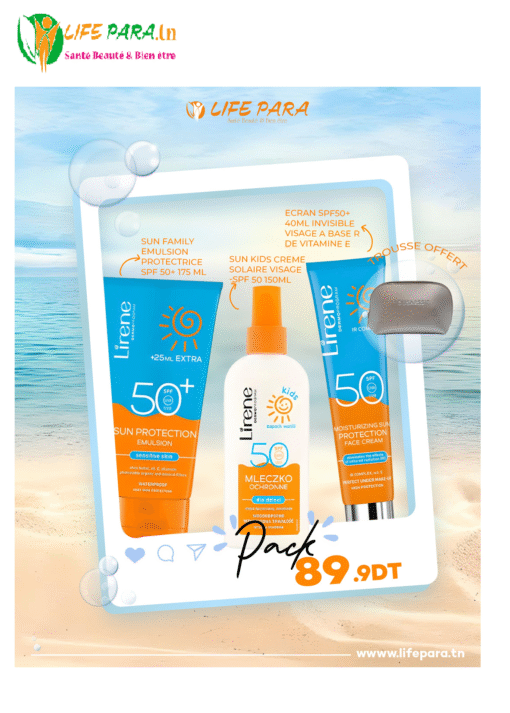 Pack Lirene Sun Family SPF50+Sun Kides creme SPF50+Ecran Invisibel SPF50 &Trousse offert