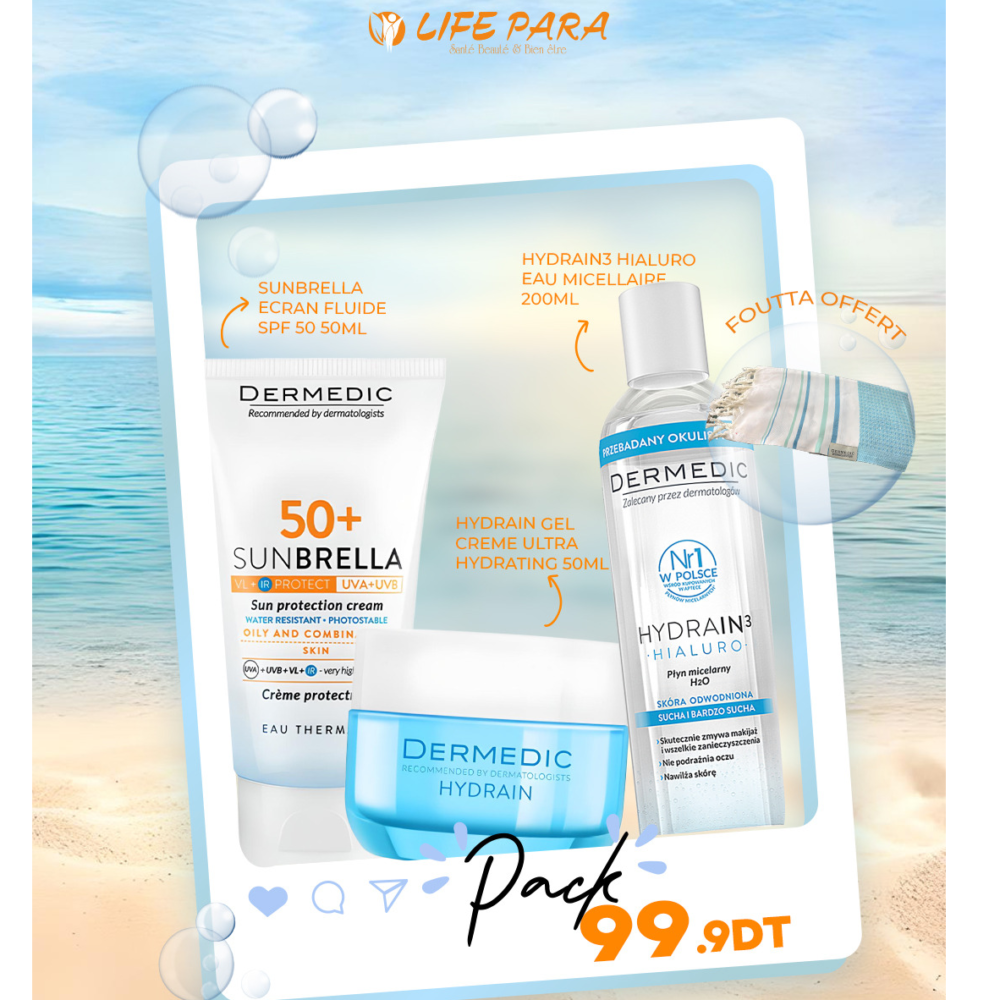 Pack Dermedic Ecran Sunberella SPF50+Eau Micellaire+Gel Creme Hydrain +Foutta offert