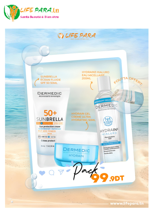 Pack Dermedic Ecran Sunberella SPF50+Eau Micellaire+Gel Creme Hydrain +Foutta offert