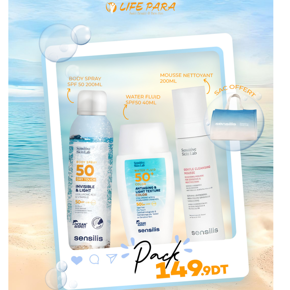 Pack Sensilis Water Feluid SPF50+Body Spray SPF50+Mousse Nettoyant+Sac offert