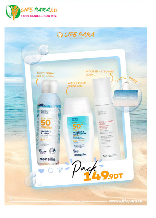 Pack Sensilis Water Feluid SPF50+Body Spray SPF50+Mousse Nettoyant+Sac offert