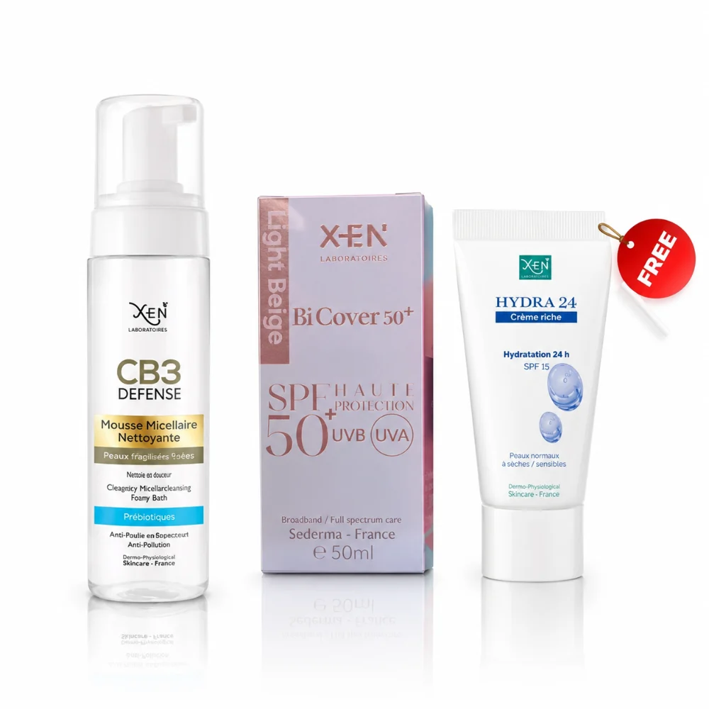 Soins de la peau haut de gamme XEN PACK PEAU SECHE : CB3 mousse P.S + BI COVER écran teinté + HYDRA 24 crème riche gratuite