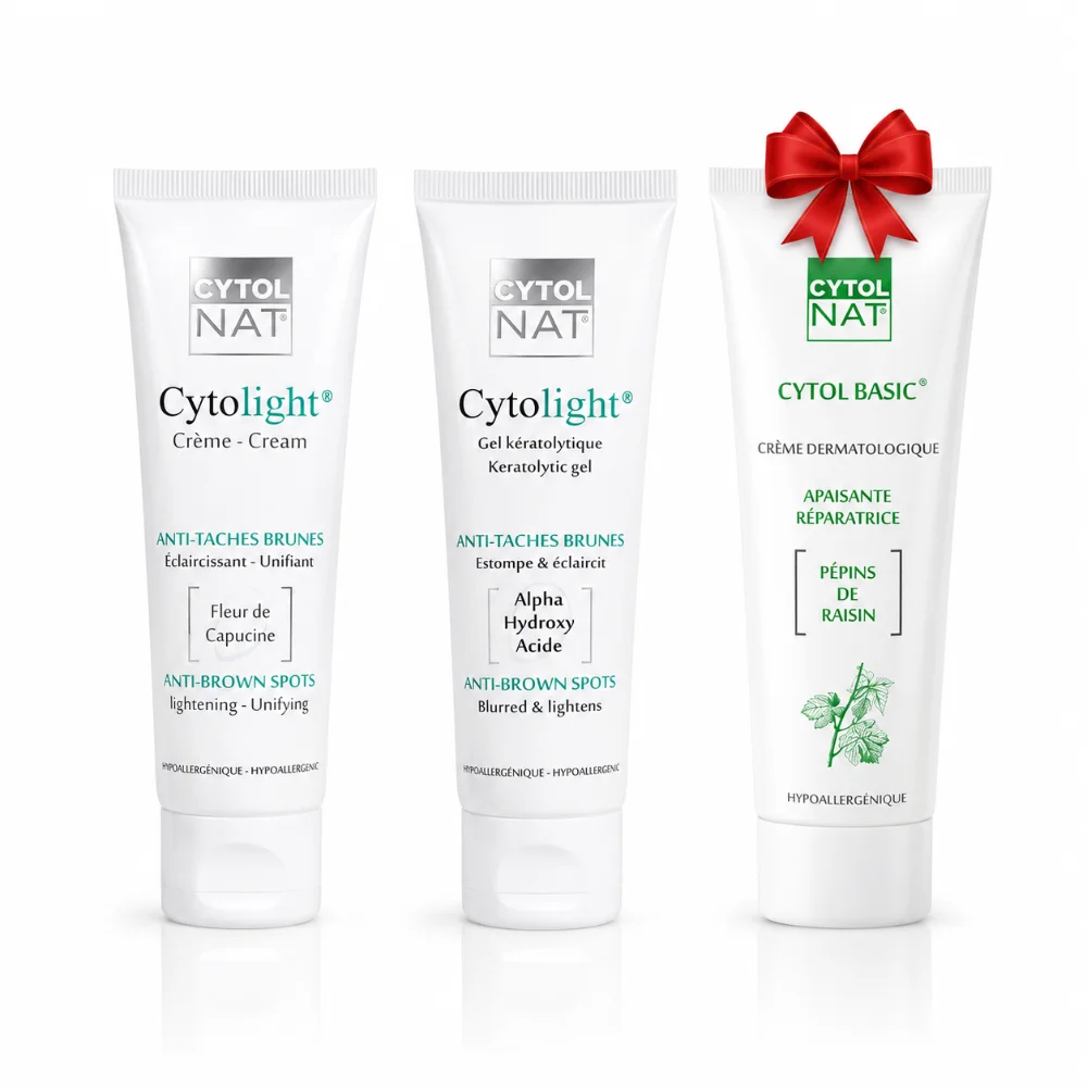 CYTOLNAT CYTLOIGHT PACK CYTOLIGHT crèmampCYTOLBASIC crème réparatrice 50 ml CYTOLNAT CYTLOIGHT PACK: CYTOLIGHT crème antitaches & CYTOLIGHT gel kératolytique & CYTOLBASIC crème réparatrice 50 ml gratuite