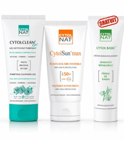 CYTOLNAT PACK: CYTOLSUN écran au choix (invisible ou teinté) + cytolclean gel + cytolbasic crème 50 ml gratuit