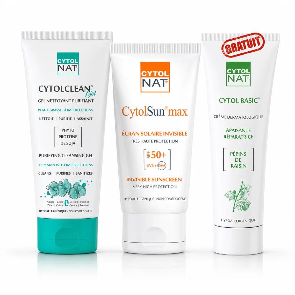 CYTOLNAT PACK CYTOLNAT PACK: CYTOLSUN écran au choix (invisible ou teinté) + cytolclean gel + cytolbasic crème 50 ml gratuit