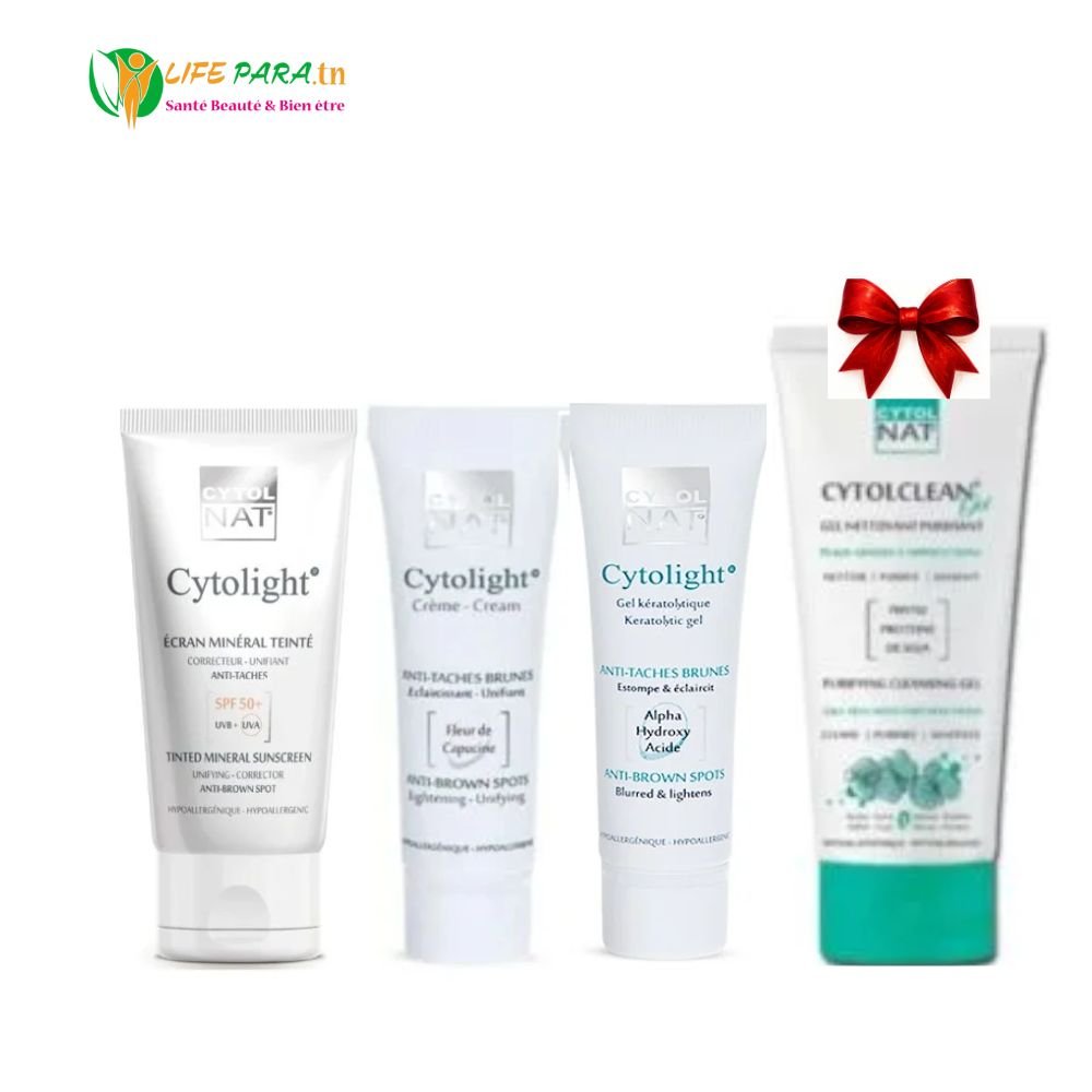 CYTOLNAT Pack Antitaches CYTOLIGHT écran antitaches spf50+ & CYTOLIGHT crème éclaircissante & CYTOLIGHT gel kératolytique & CYTOLCLEAN gel nettoyant purifiant offert