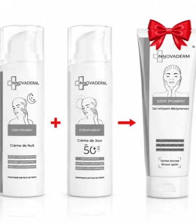 INNOVADERM Pack Antitaches STOP PIGMENT crème de nuit & STOP PIGMENT crème de jour spf 50+ & STOP PIGMENT gel nettoyant éclaircissant 150 ml offert