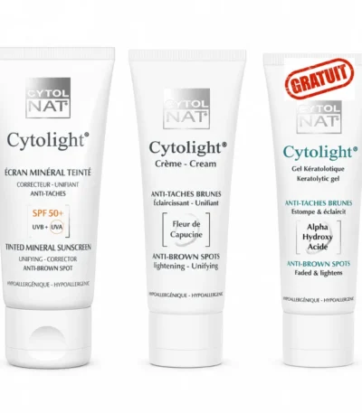 PACK CYTOLIGHT antitaches: CYTOLIGHT écran minéral teinté + CYTOLIGHT crème éclaircissante + CYTOLIGHT gel kératolytique gratuit