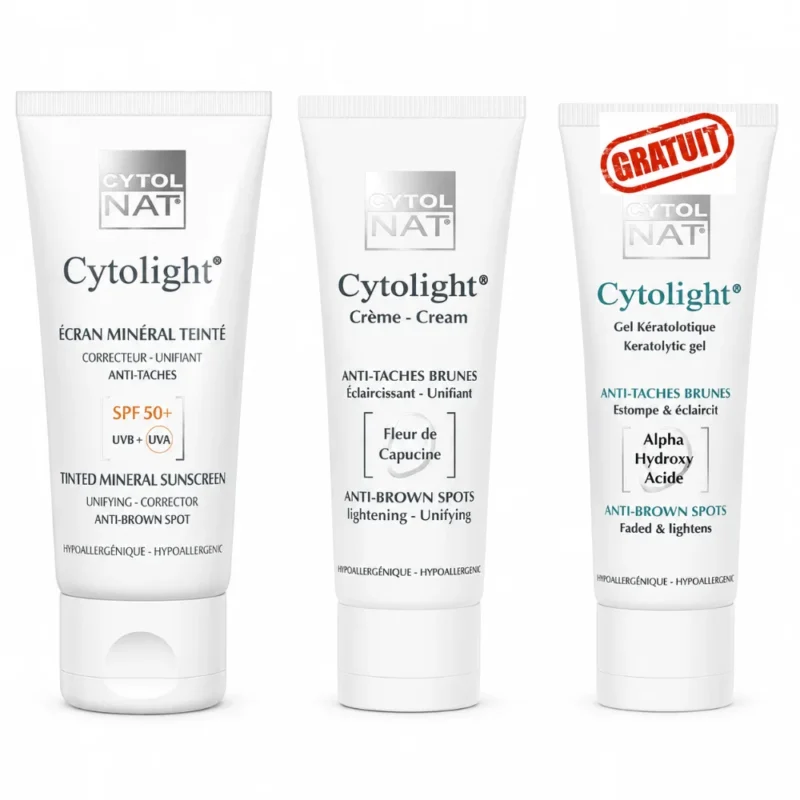 PACK CYTOLIGHT antitaches: CYTOLIGHT écran minéral teinté + CYTOLIGHT crème éclaircissante + CYTOLIGHT gel kératolytique gratuit