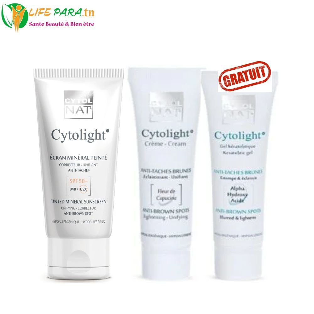 PACK CYTOLIGHT antitaches CYTOLIGHT écran minéral teinté + CYTOLIGHT crème éclaircissante + CYTOLIGHT gel kératolytique gratuit