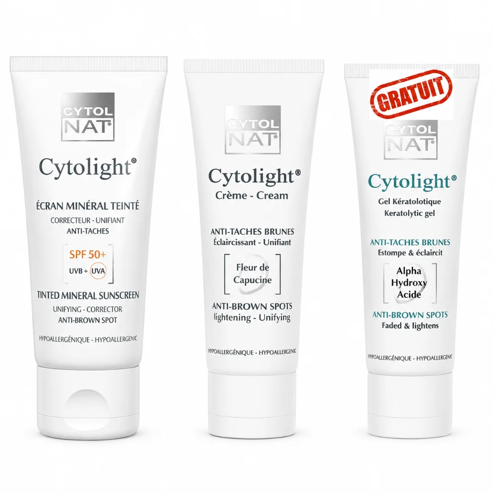 PACK CYTOLIGHT antitaches PACK CYTOLIGHT antitaches: CYTOLIGHT écran minéral teinté + CYTOLIGHT crème éclaircissante + CYTOLIGHT gel kératolytique gratuit