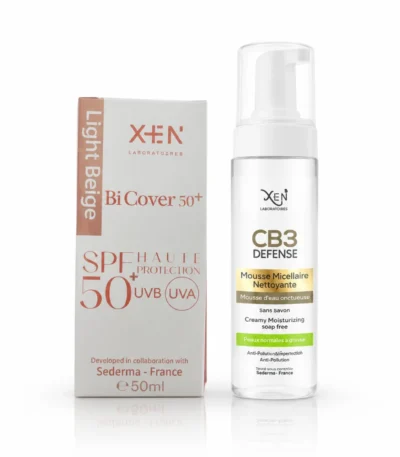 Pack XEN : Bi Cover écran solaire spf 50+ teinté beige claire & CB3 mousse nettoyante ( peau sèche ou grasse) offerte