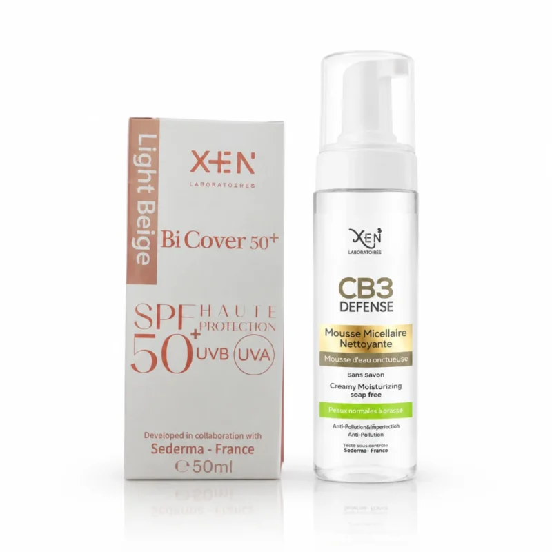 Pack XEN : Bi Cover écran solaire spf 50+ teinté beige claire & CB3 mousse nettoyante ( peau sèche ou grasse) offerte