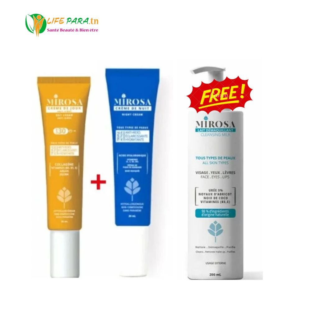 MIROSA Pack hydratant éclaircissant Crème de jour SPF30 + Crème de nuit anti rides + MIROSA lait démaquillant 200 ml offert