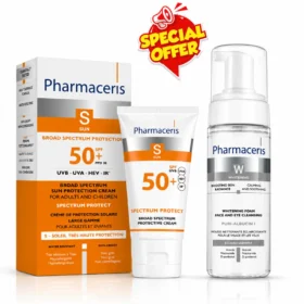 Pack Pharmaceris : Pharmaceris S Crème Haute Protection Solaire SPF50+ (50 ml) & Pharmaceris W Mousse Nettoyante Éclaircissante (150 ml)