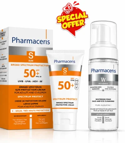 Pack Pharmaceris : Pharmaceris S Crème Haute Protection Solaire SPF50+ (50 ml) & Pharmaceris W Mousse Nettoyante Éclaircissante (150 ml)