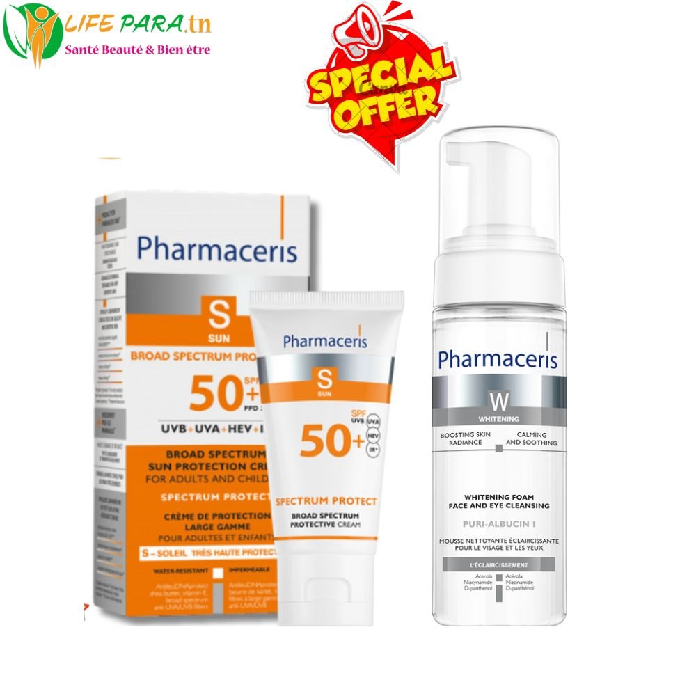 Pack Pharmaceris Pharmaceris S Crème Haute Protection Solaire SPF50+ (50 ml) & Pharmaceris W Mousse Nettoyante Éclaircissante (150 ml)