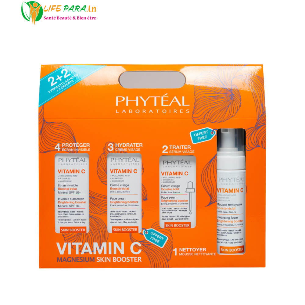 PHYTEAL Coffret Vitamine C Sérum Visage + Écran Invisible + (Mousse et Crème Gratuites)