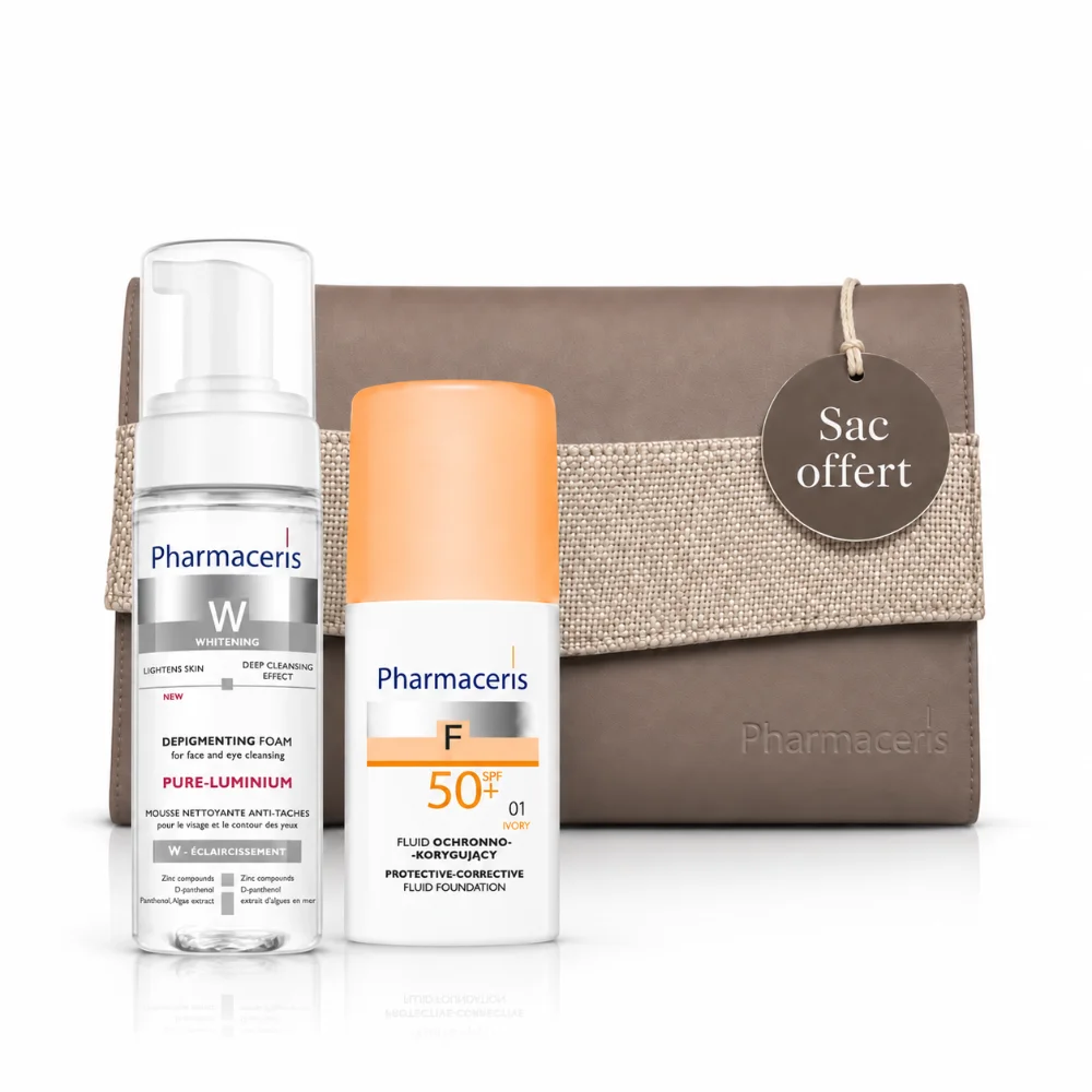 Pack Pharmaceris Écran Teinté SPF50+ 30 mL + Mousse Nettoyante anti taches150 ml + Trousse Offerte Pack Pharmaceris : Écran Teinté SPF50+ 30 mL + Mousse Nettoyante anti taches150 ml + Trousse Offerte