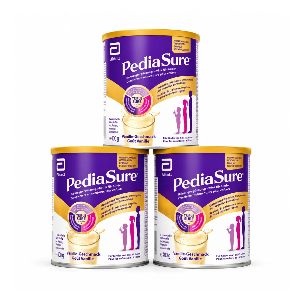 Pack PediaSure Vanille 3x400g pour enfants de 1 à 10 ans, à intégrer dans une alimentation équilibrée.