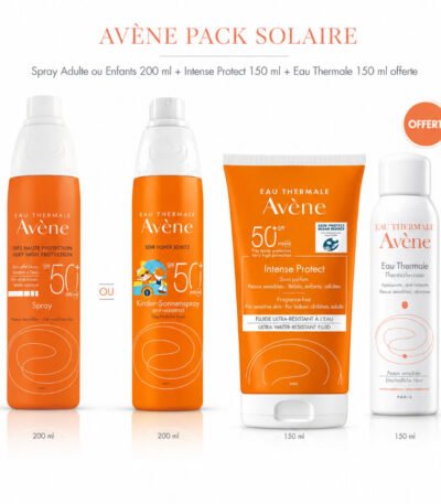AVENE PACK SOLAIRE : Spray Adulte ou Enfants 200 ml + Lait Intense Protect 150 ml + Spray Eau Thermale 150 ml offert