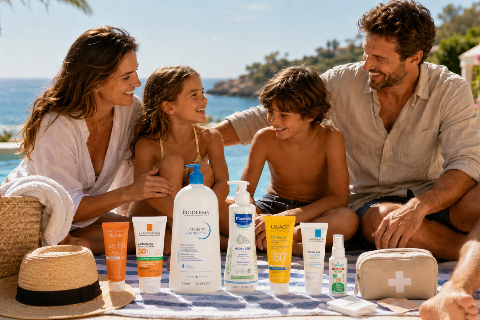 Famille en vacances au bord de la piscine avec produits parapharmacie indispensables pour la plage, la piscine et l’été