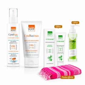 PACK CYTOLSUN SPF50+ : Lait Solaire 200 mL, Ecran 50 mL au Choix + (Cytolbasic 50 ml + Vital Hydra Gel Netooyant 230 ml+ Fouta) Offerts