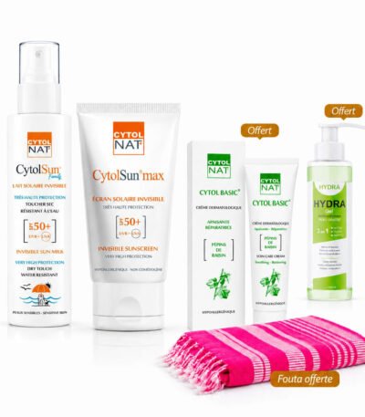PACK CYTOLSUN SPF50+ : Lait Solaire 200 mL, Ecran 50 mL au Choix + (Cytolbasic 50 ml + Vital Hydra Gel Netooyant 230 ml+ Fouta) Offerts