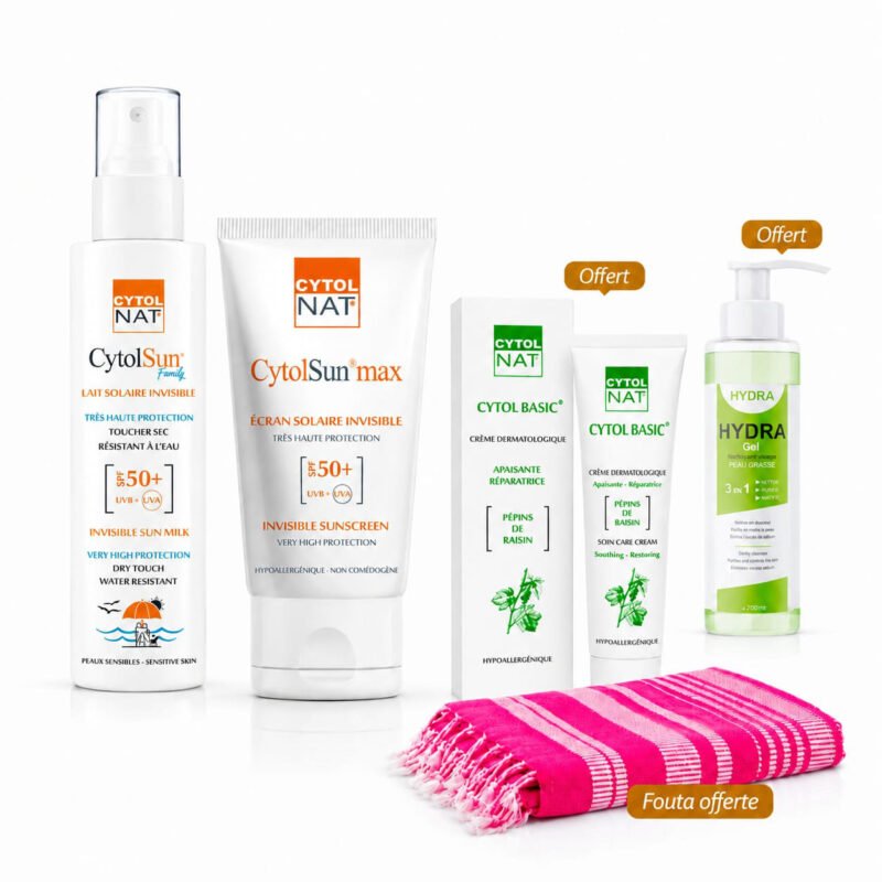 PACK CYTOLSUN SPF50+ : Lait Solaire 200 mL, Ecran 50 mL au Choix + (Cytolbasic 50 ml + Vital Hydra Gel Netooyant 230 ml+ Fouta) Offerts