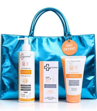 PACK INNOVADERM SOLAIRE : Ecran Cheveux 250 ml + Lait Solaire 150 ml + Ecran Teinté au Choix + Sac de Plage Offert