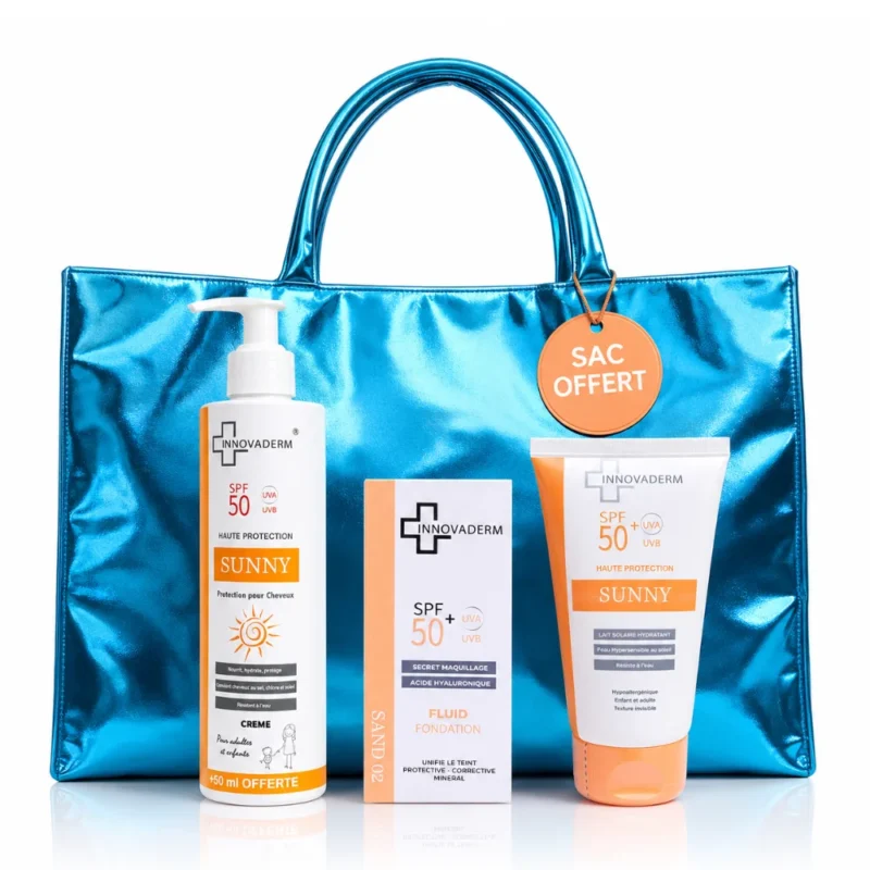 PACK INNOVADERM SOLAIRE : Ecran Cheveux 250 ml + Lait Solaire 150 ml + Ecran Teinté au Choix + Sac de Plage Offert