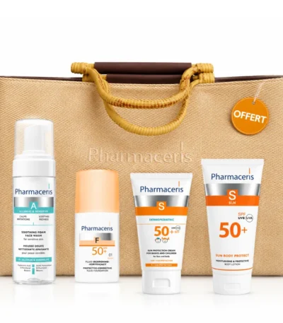 Pack Pharmaceris Solaire : Lait Solaire pédiatrique ou adulte + Ecran Teinté au Choix+ Mousse nettoyante au choix + Sac offert