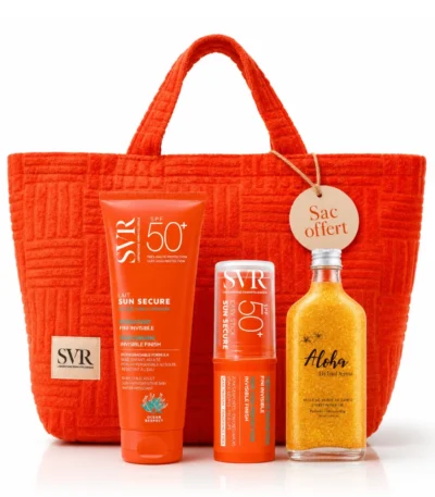 Pack SVR Solaire : Sun Secure Lait 250 ml SPF50+ , Sun Secure Easy Stick SPF50+ , (Aloha Huile Pailletée + Sac de Plage ) offerts