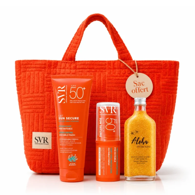 Pack SVR Solaire : Sun Secure Lait 250 ml SPF50+ , Sun Secure Easy Stick SPF50+ , (Aloha Huile Pailletée + Sac de Plage ) offerts