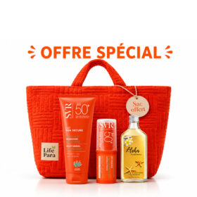 Pack SVR Solaire : Sun Secure Lait 250 ml SPF50+ , Sun Secure Easy Stick SPF50+ , (Aloha Huile Pailletée + Sac de Plage ) offerts