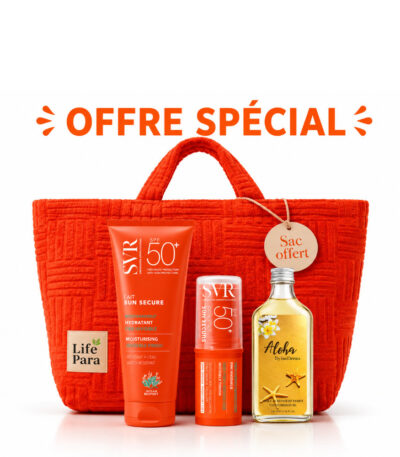Pack SVR Solaire : Sun Secure Lait 250 ml SPF50+ , Sun Secure Easy Stick SPF50+ , (Aloha Huile Pailletée + Sac de Plage ) offerts