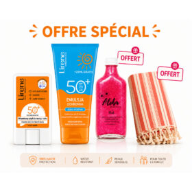 PACK LIRENE: LOTION Solaire 175 ML + STICK (SPF 50+)+ ALOHA huile pailletée (100 ml) au choix gratuit+ FOUTA offert
