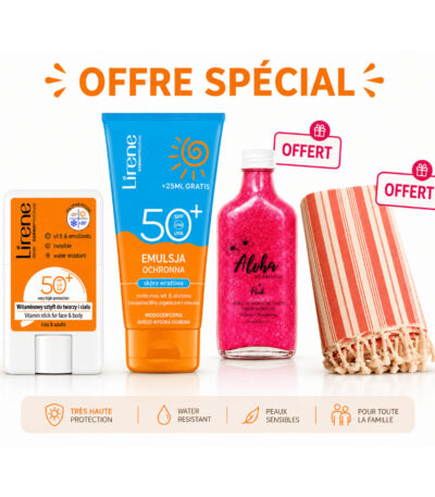 PACK LIRENE: LOTION Solaire 175 ML + STICK (SPF 50+)+ ALOHA huile pailletée (100 ml) au choix gratuit+ FOUTA offert